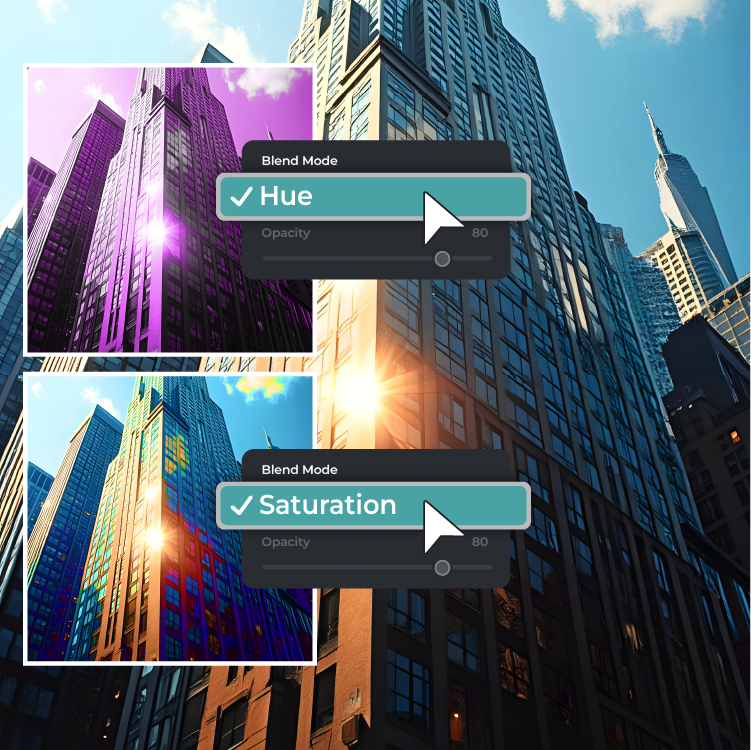 Image showing before/after editing of cityscape with hue and saturation adjustments.